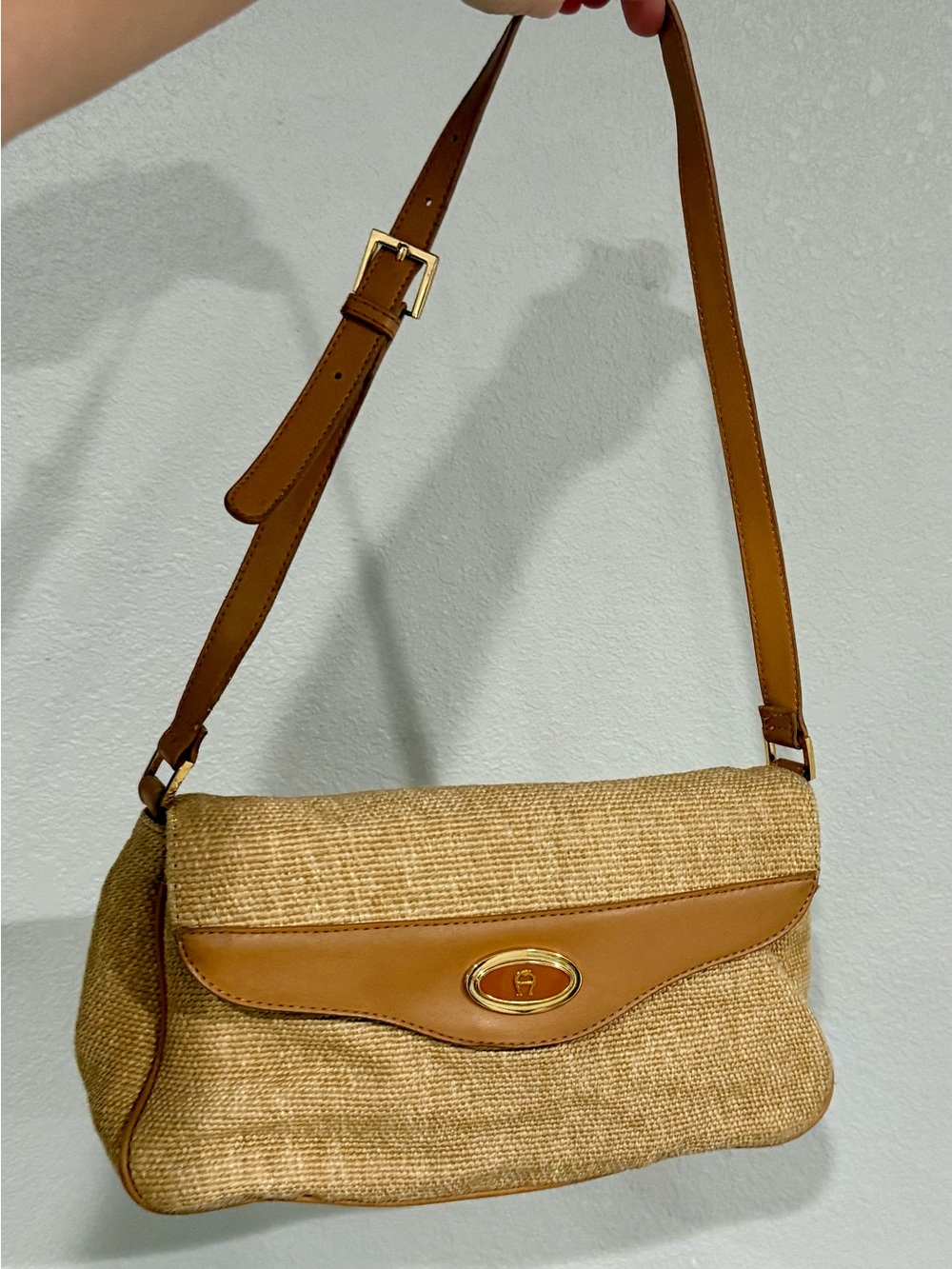 Vintage Etienne Aigner Beige/Brown Woven Shoulder Bag, Zip Closure, Adj Straps
